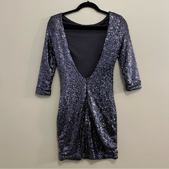 TOBI Navy Blue Sequin Glam Low Back Long Sleeve Party Cocktail Sexy Mini Dress - Picture 4 of 13
